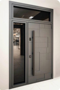 Modern Grey Aluminum Entrance door with a sidelight and Transom Window