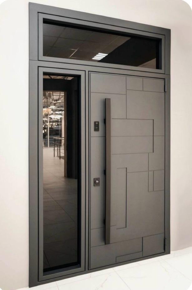 Modern Grey Aluminum Entrance door with a sidelight and Transom Window