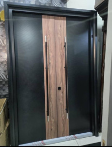 Modern Double Front Door with a wood grain finish on the vertical panels 