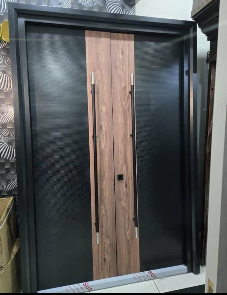 Modern Double Front Door with a wood grain finish on the vertical panels 