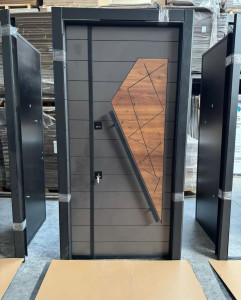 Modern Turkish Security Door featuring an angular wood-look panel accent