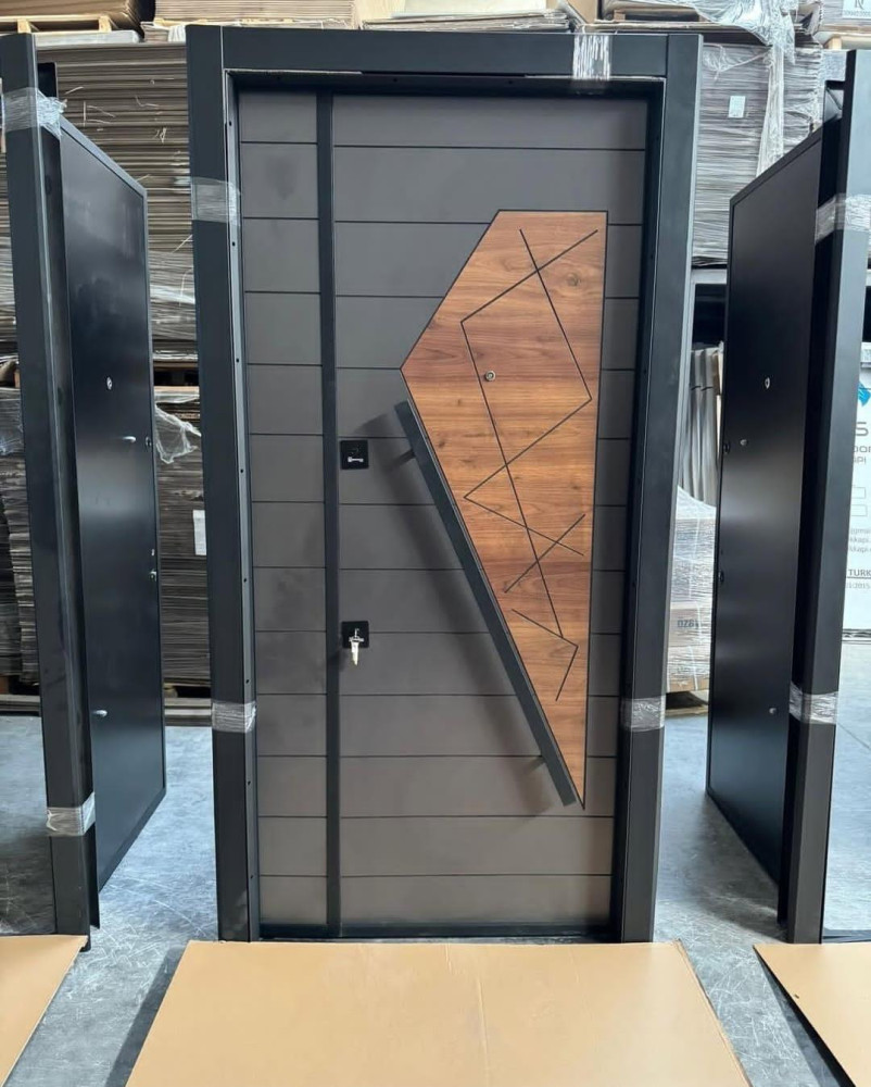 Modern Turkish Security Door featuring an angular wood-look panel accent