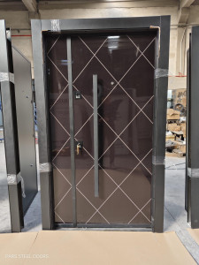 Turkish Security Door a modern design with a glossy brown finish and white geometric lines