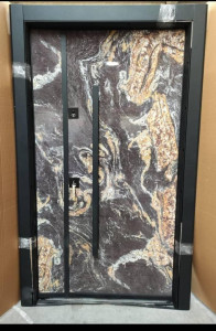 Modern Exterior Stone-finish door with ablack frame and a long pull hande