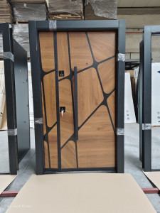 Turkish Luxury Security Door with a wood finish and a geometric black metal inlay design