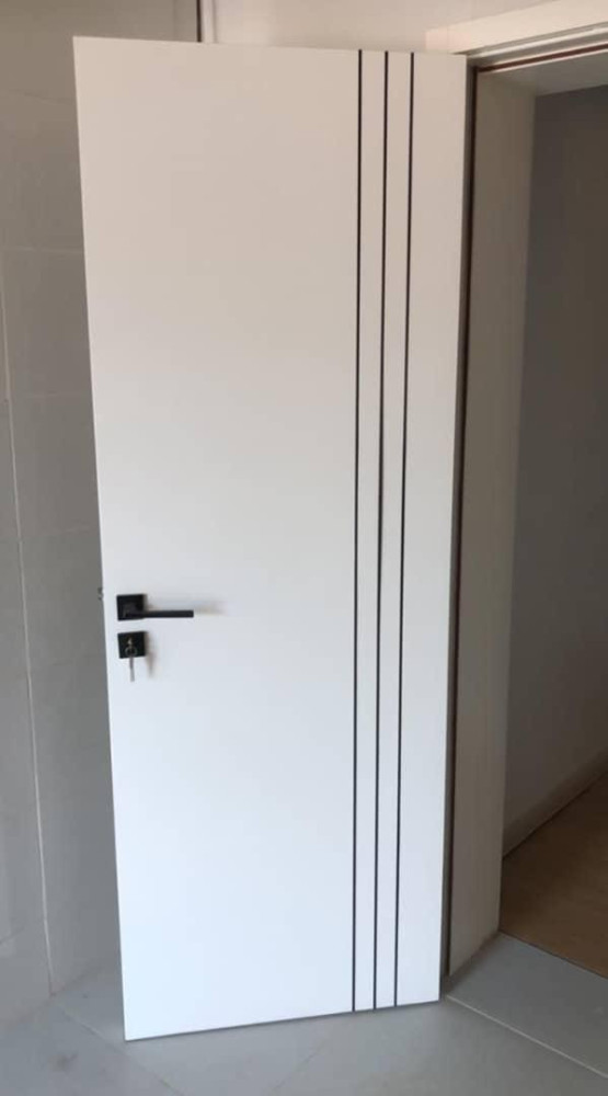 White Interior HDF flush Door with black vertical Lines and black handle set
