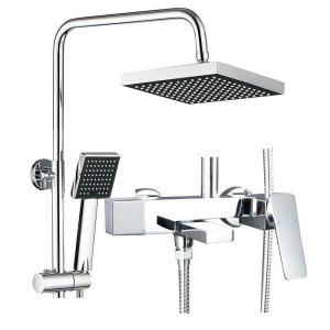 wall-mounted shower faucet set with a square rainfall shower head and handhed sprayer