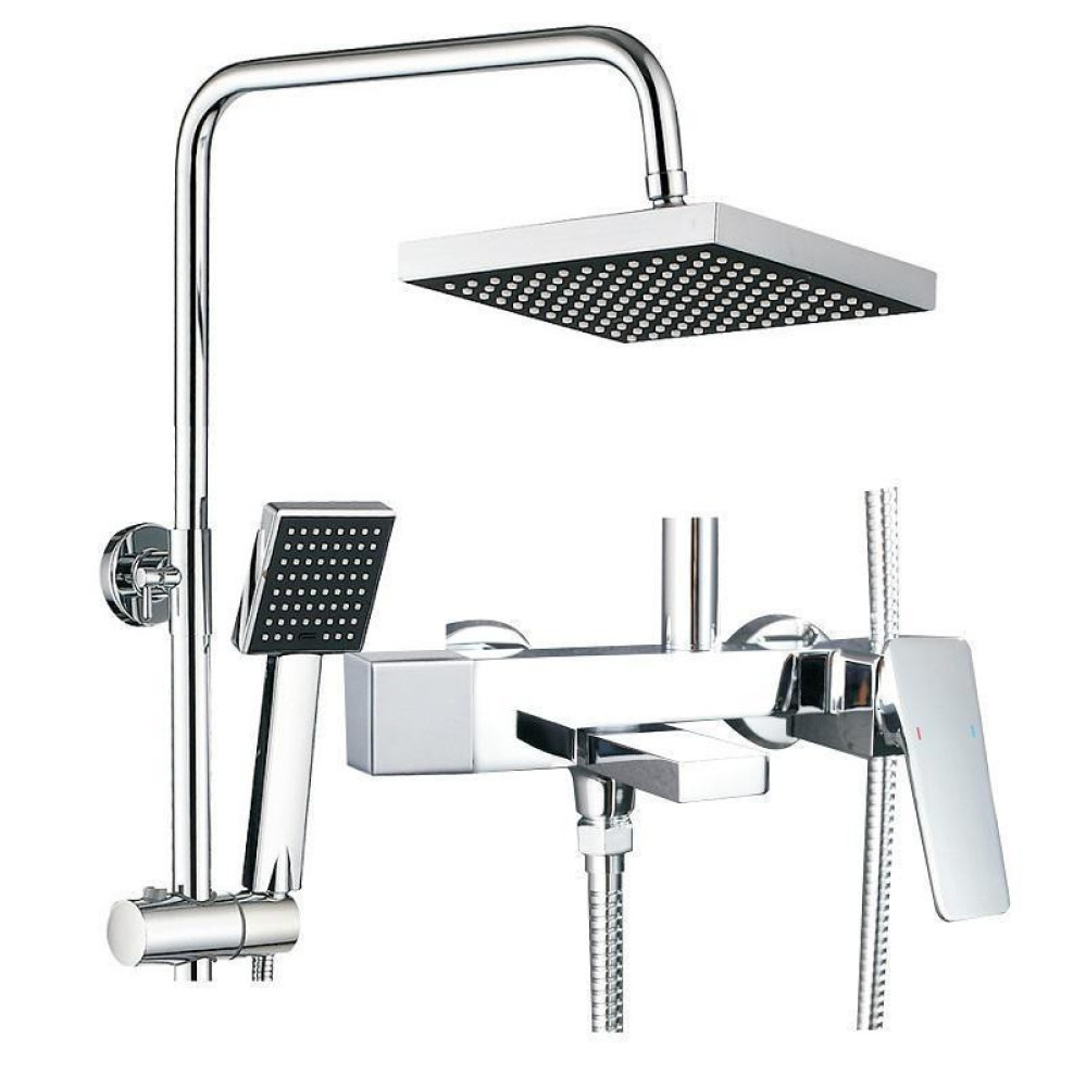 wall-mounted shower faucet set with a square rainfall shower head and handhed sprayer