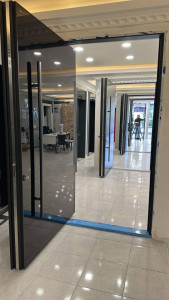 Pivot doors in a showroom settings showcasing their unique design and features
