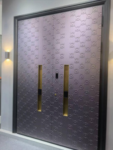 Modern Double Security Steel Door with a geometric pattern and gold-toned handles