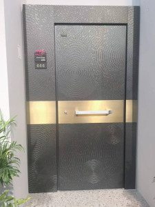 Modern Steel Security Door with a distinctive gray finish with an abstract circular pattern
