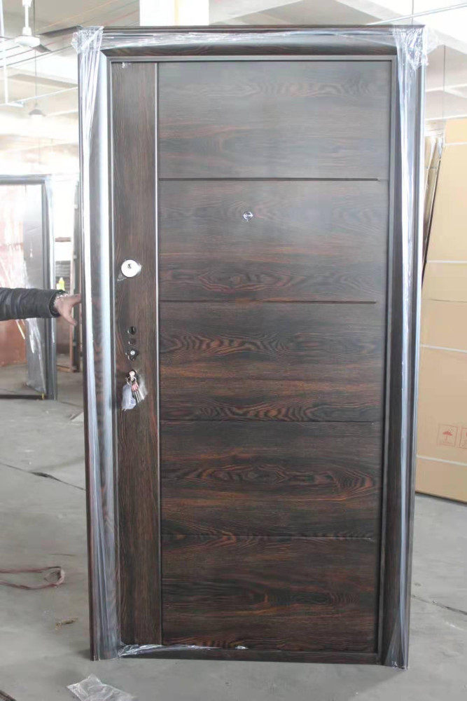 Security Entry Door with a dark wood-grain finish and steel Construction