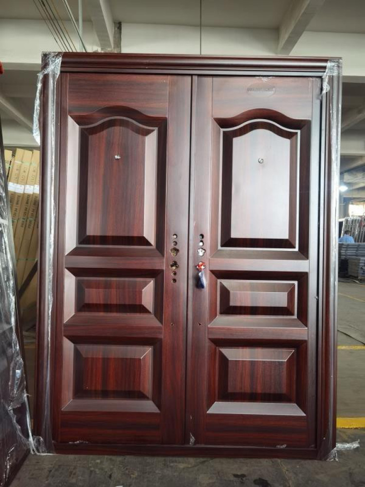 Double Steel Security Door with a wood-grain finish
