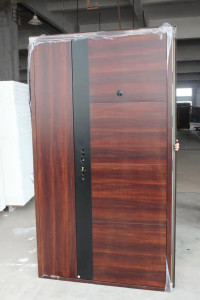 Modern Steel Security Door with a wood-grain finish and a multi-point locking systems