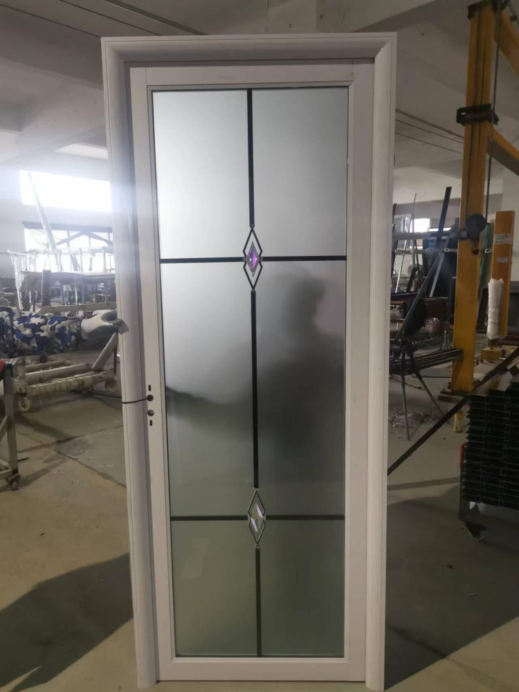 Modern Single-leaf Aluminum glass swing door with a white frame and frosted glass panels
