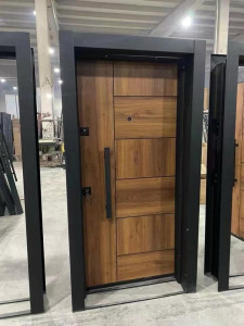 Modern Wood-paneled Steel Security Door with a black Vertical pull handle and multiple locks