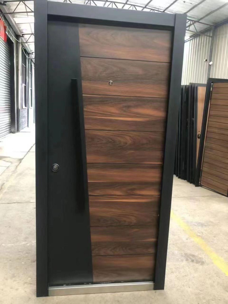 Modern Steel Safety Door with a wood-grain finish