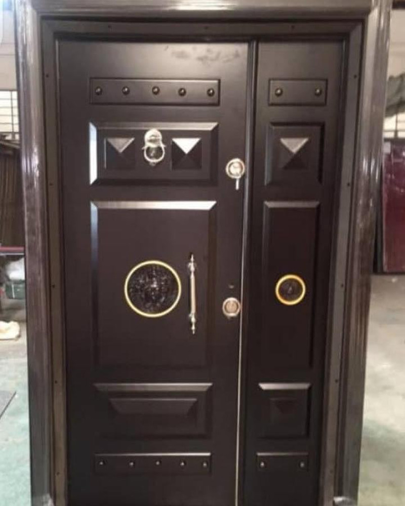 Black full Metal Turkish Security Door with a side panel and gold-tone accents