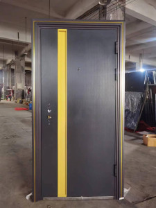 Modern Metal Security Door with a dark grey or black finish and a vertical yellow accent strip