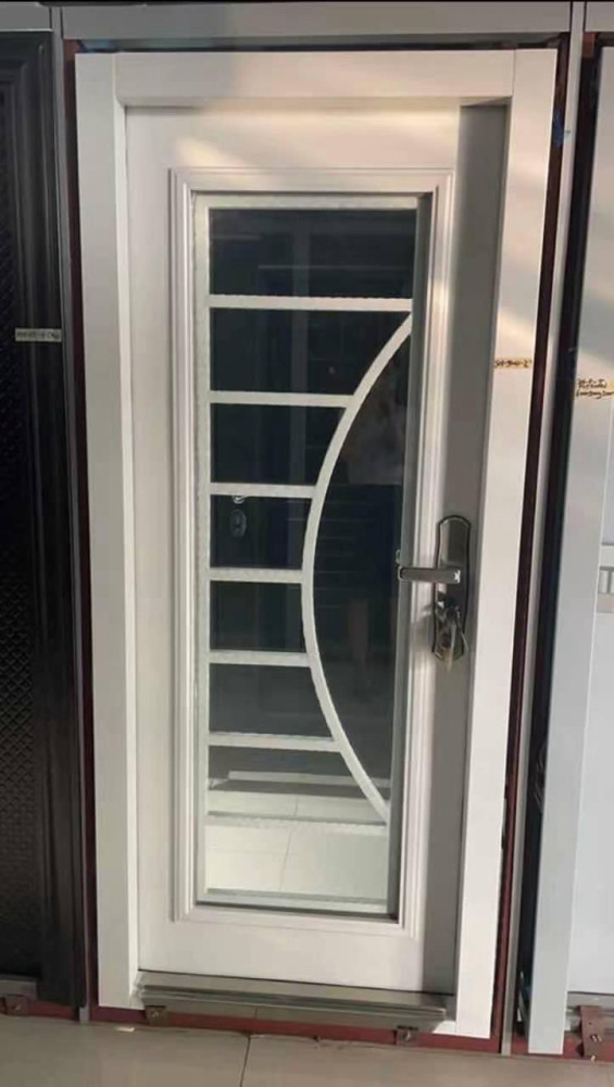 Modern Steel or Aluminum Entrance door with a distinctive glass panel design