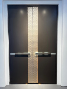 Modern Double-panel Pivot door with a dark finish and a central decorative metal