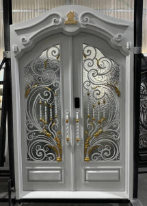 White Double-panel Wrought Iron Security Door with Decorative Glass insert