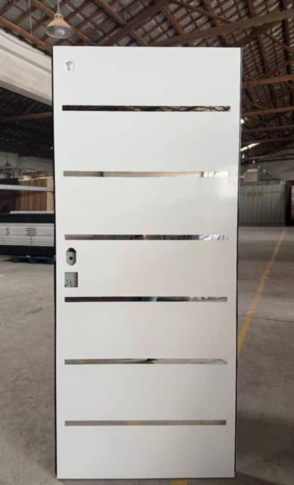 White Israeli Security Door with horizontal metal accents