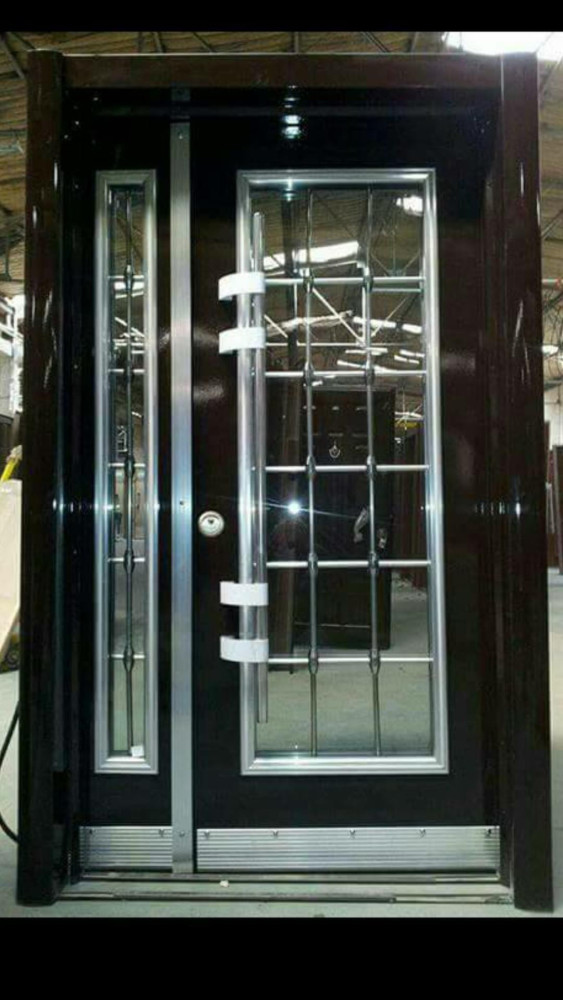 Modern Steel Security Door with a glass Panel and Vertical handle