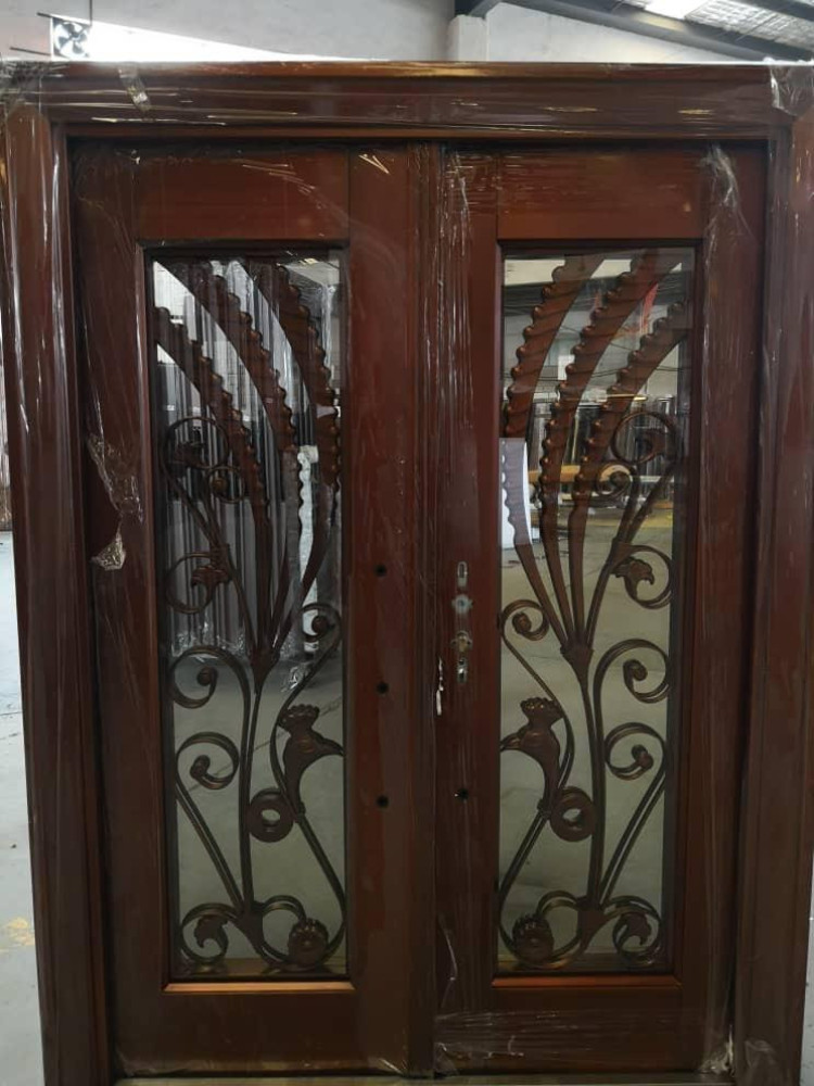 Set of Double Entry Door with Decorative wrought Iron grilles and glass insert