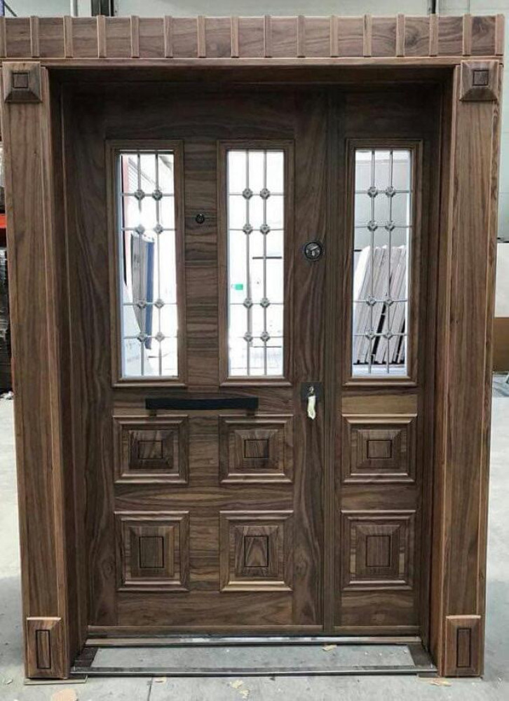 Turkish Security Door with a wooden finish and glass panels