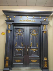 Ornate Dark gray Double Entry Door with Gold-coloured decorative accents