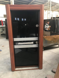 Turkish Security Door with a black glossy finish and a wood-look frame