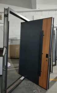 Modern Security Door with Black finish and vertical wood-panel accent