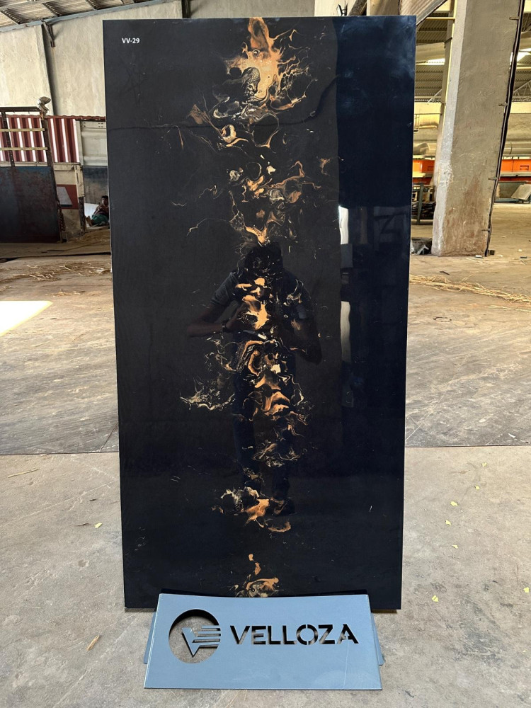 Black Porcelain Tile with a polished, glossy finish and striking gold accents