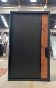 All-Aluminum Security Door with a black finish and a wood-grain panel