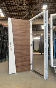 Modern Steel Security Door with a wood-grain finish and a pivot hinge mechanism