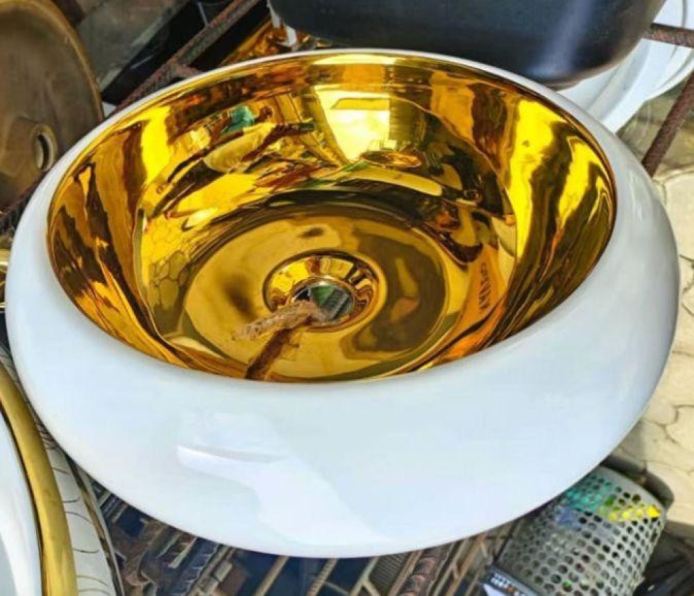 White and Gold ceramic countertop washbasin