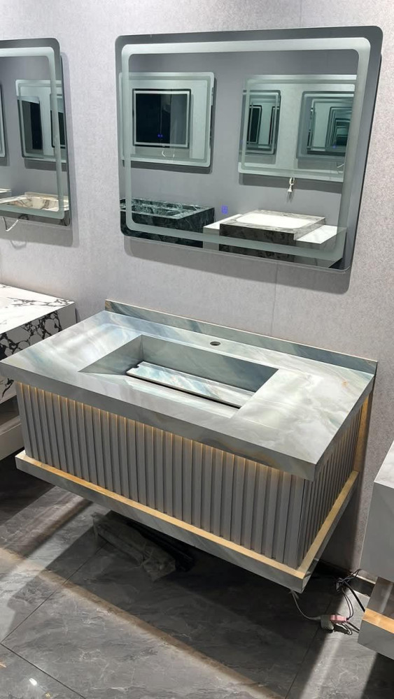 Modern floating bathroom vanity set with a marble countertop