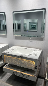 Wall-mounted Calacatta Viola marble bathroom vanity with a basin sink and integrated Led Lighting