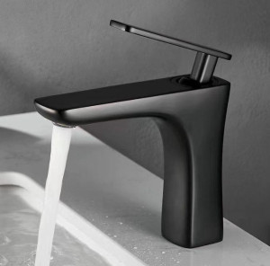 Flat black basin mixer top with a single lever handle