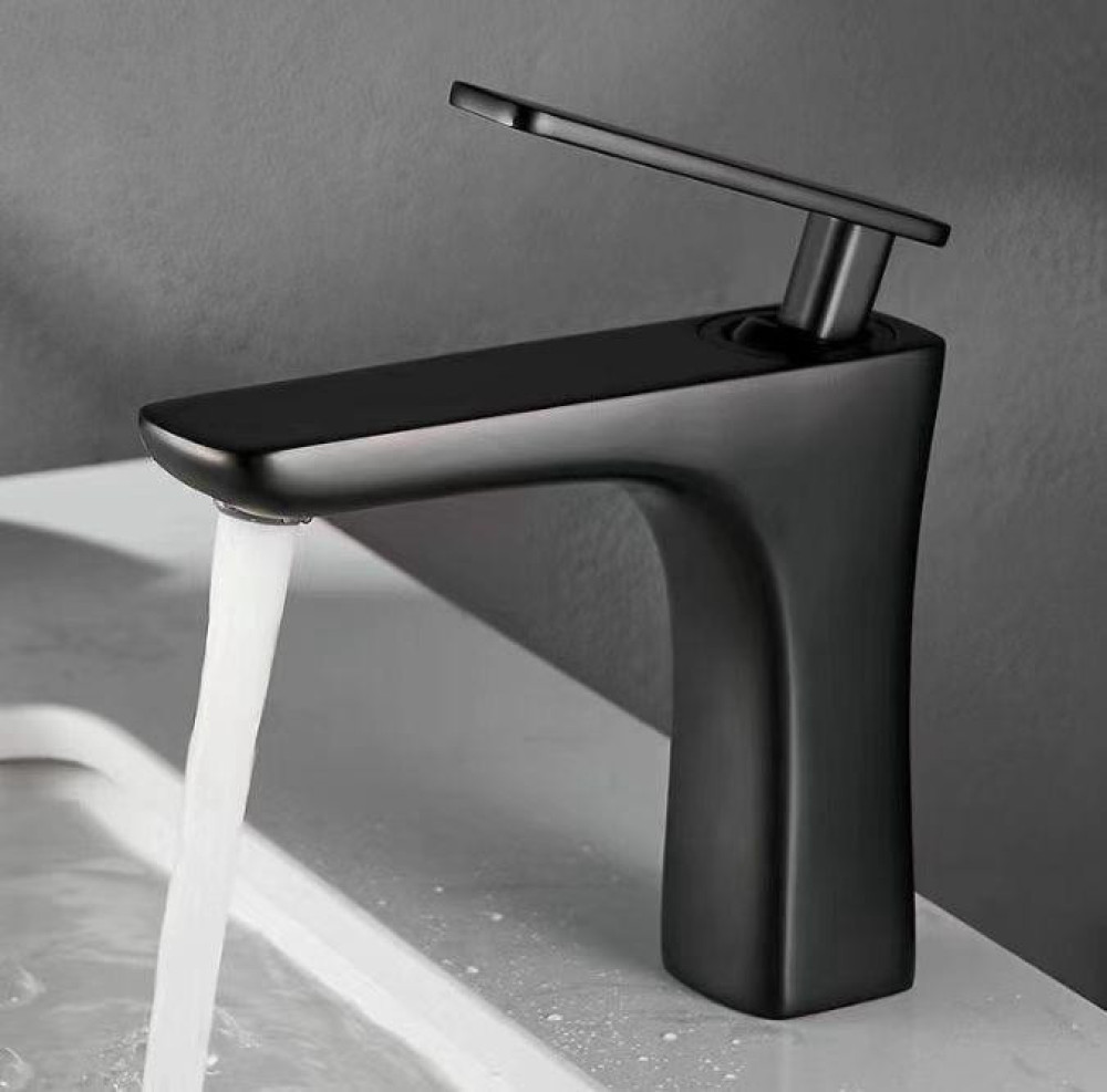 Flat black basin mixer top with a single lever handle