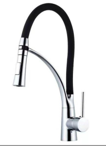 Kitchen sink mixer tap with a pull-down sprayer and flexible black rubber spout