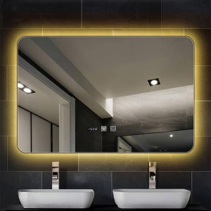 Backlit Led Bathroom mirror with an integrated digital clock and touch controls