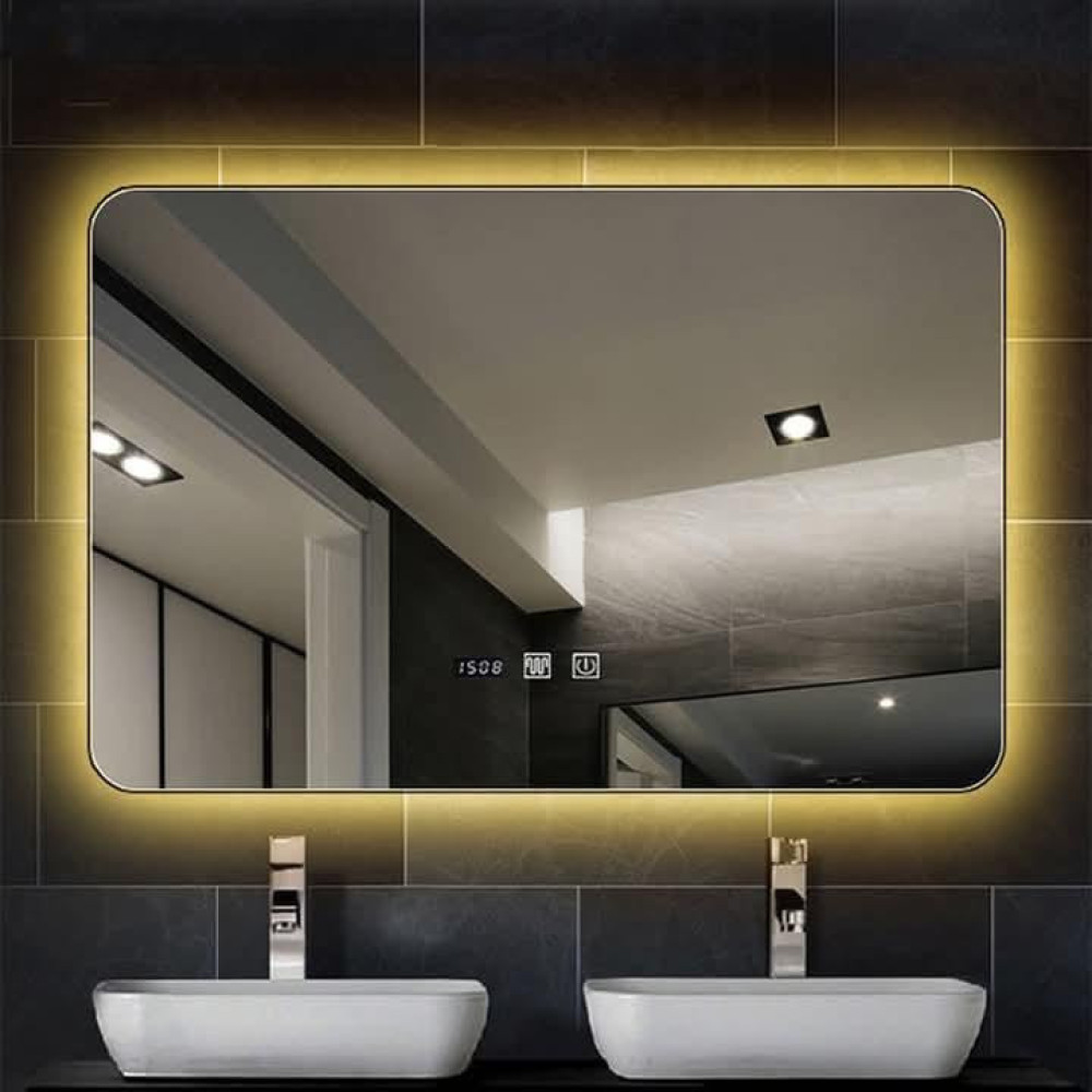 Backlit Led Bathroom mirror with an integrated digital clock and touch controls