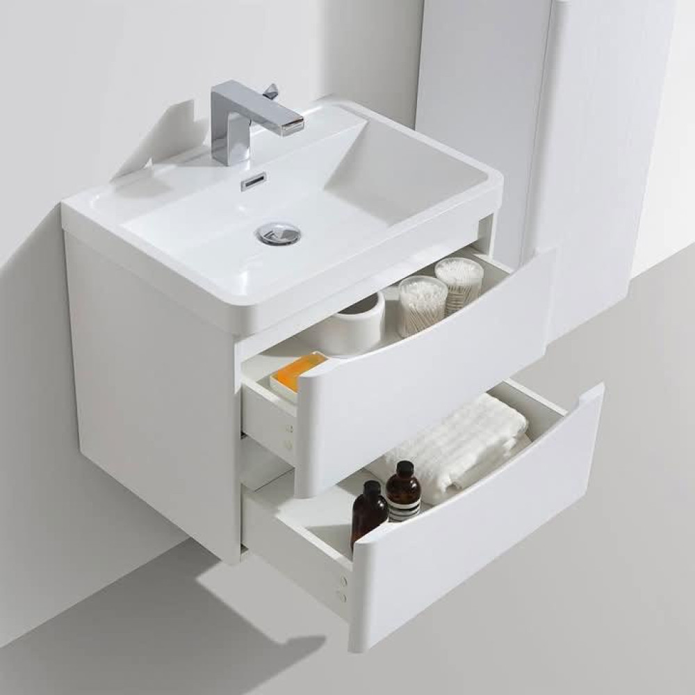 Monza Gloss White wall mounted vanity unit with a basin