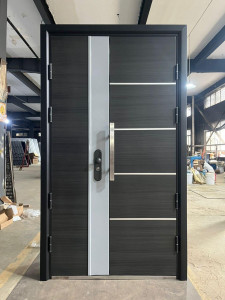 Modern Exterior Steel Security Door with a dark wood-grain finish an silcer vertical accent panel