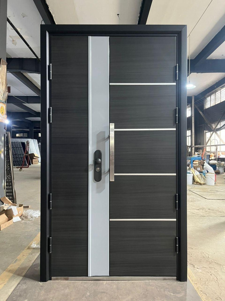 Modern Exterior Steel Security Door with a dark wood-grain finish an silcer vertical accent panel