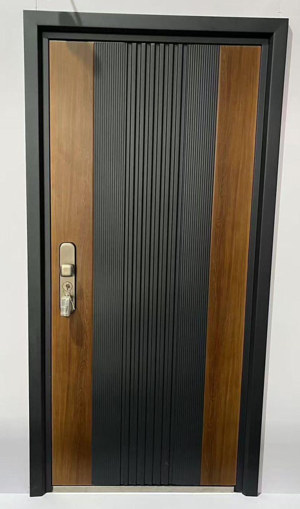 Modern Exterior Steel Security Door with both wood and metal panel design