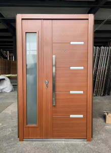 Modern Exterior Security Door with a wood-look finish and a fixed glass sidelight