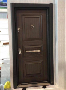 Armoured Security Door features a multi-panel design with a dark wood finish 